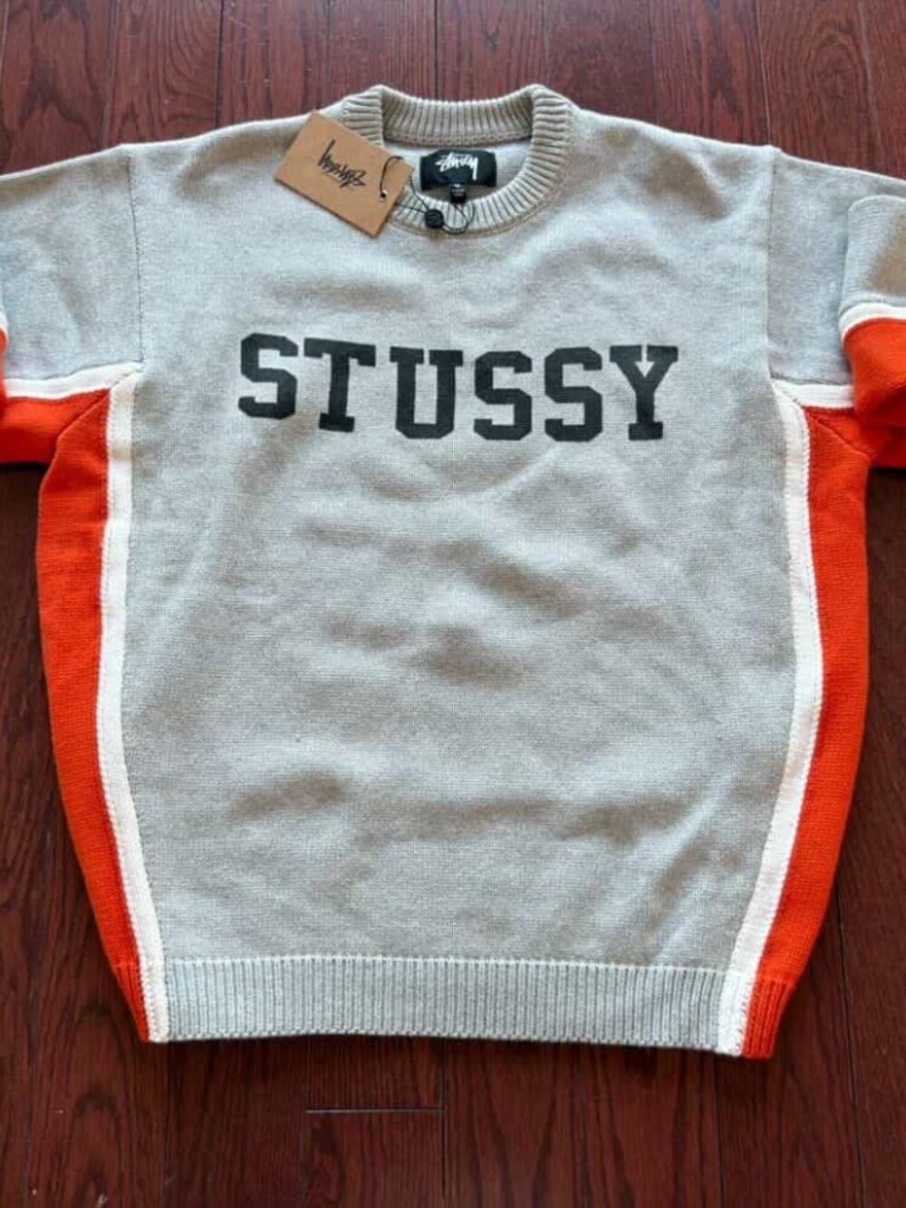 Stussy Gray Orange Colorblock Knit Crewneck Sweater Size M